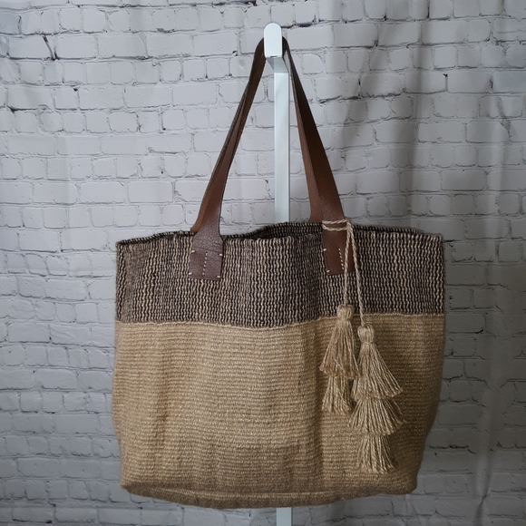 J. Jill Handbags - J. Jill Jute Tasseled Market/Beach Bag Tote